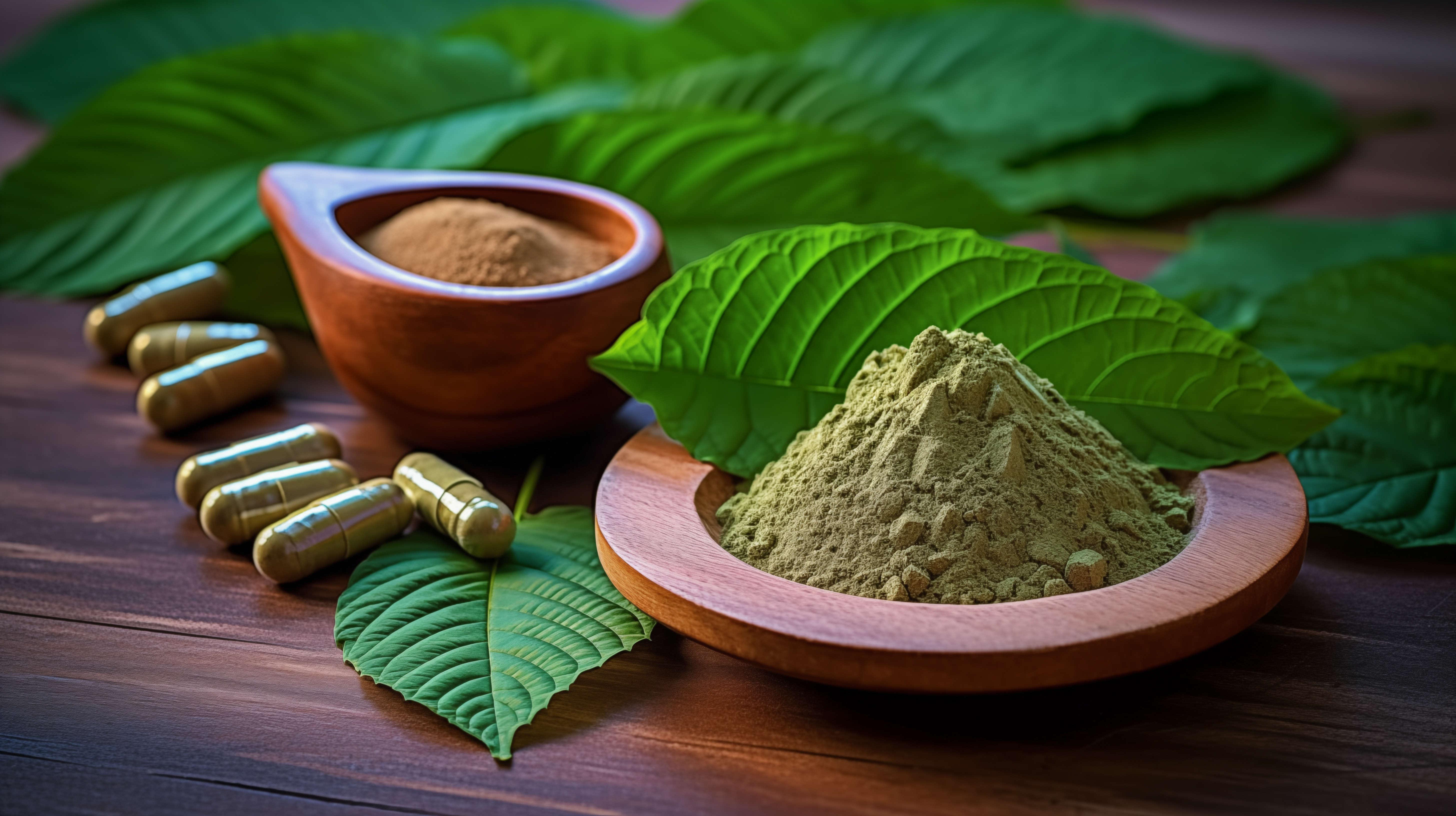 Assortment of kratom powder strains in bowls showcasing red, green, and white veins